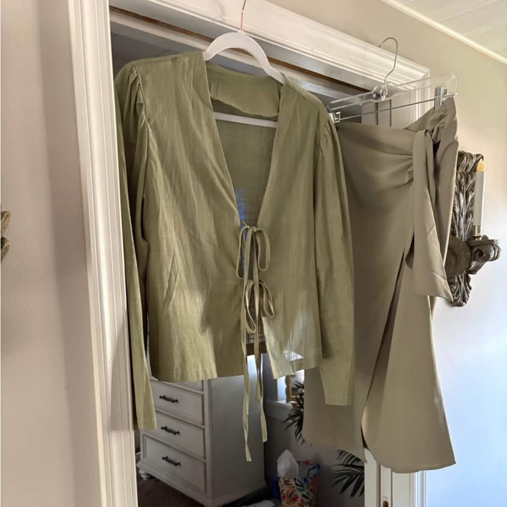 Light Olive Tie-Front Top and Skirt Set